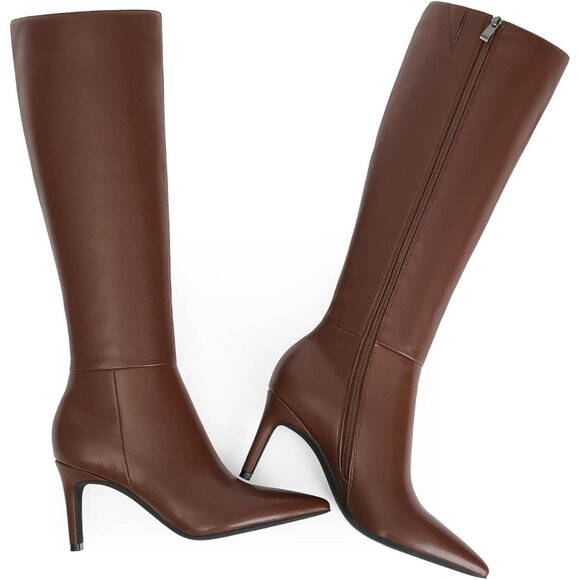 🆕Women Brown Faux Leather Pointed Toe Tall  Stiletto Heel Zipper Dress Boots - Picture 4 of 8